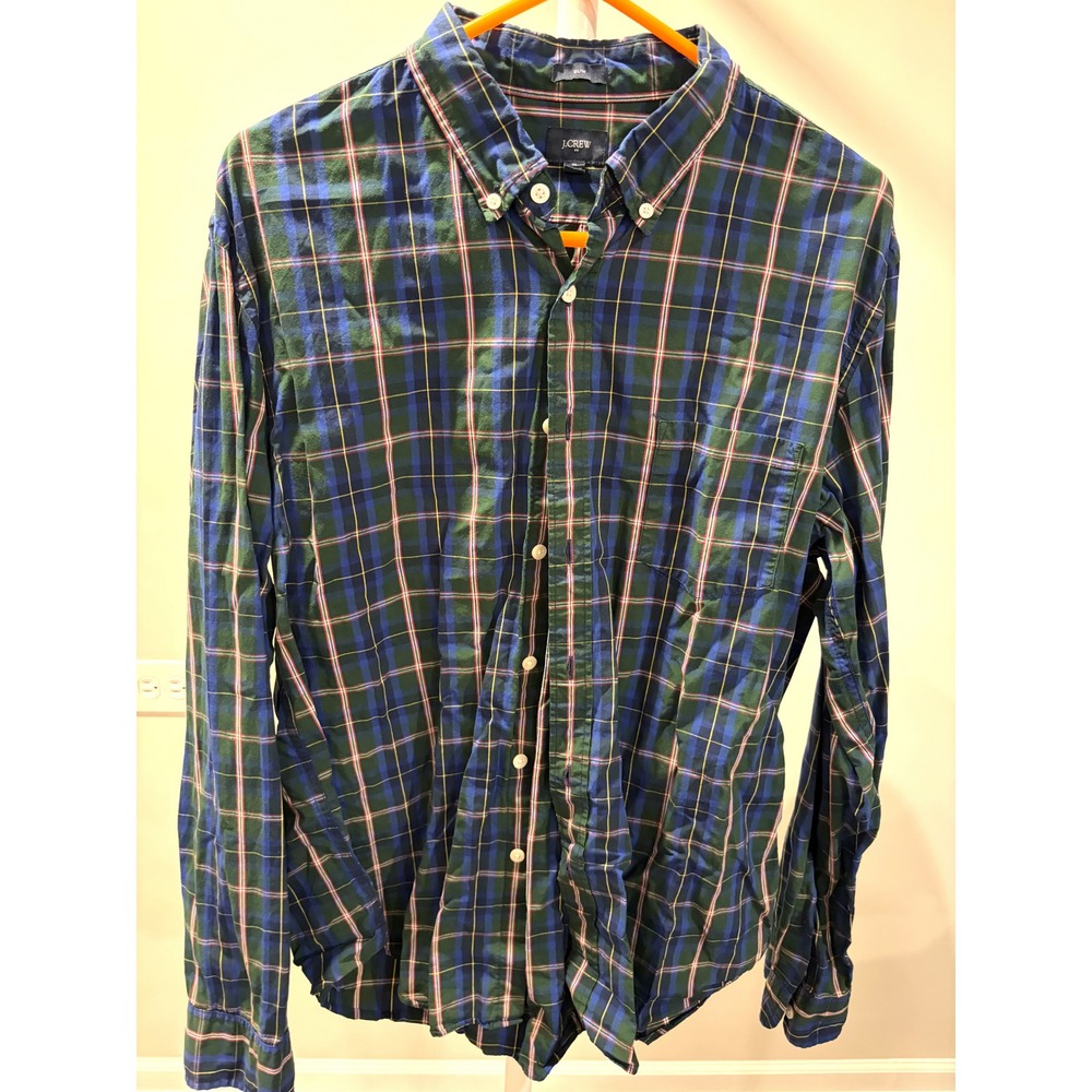 J Crew Mens XL Slim Fit Green Navy Plaid Button Down Shirt Tartan Cotton Preppy